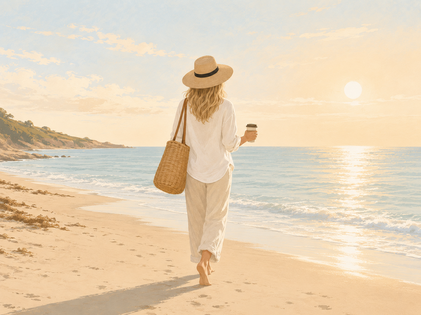 Sasha by the sea. Woman designing her life around a walkable beach life.