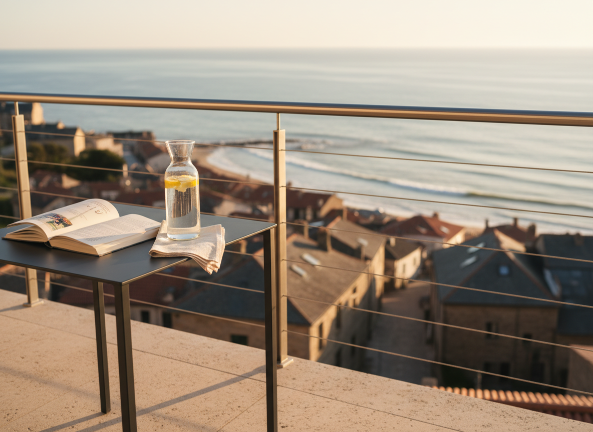 A refined seaside balcony vignette with a slim bistro table in matte black metal, topped by a single open hardcover book, a linen napkin, and a clear carafe of water with floating lemon slices. The balcony railing is sleek brushed steel, framing a distant, softly focused view of the ocean and a compact, walkable town below with slate roofs and narrow lanes. Late afternoon light washes everything in a gentle, warm tone, creating delicate highlights on the glass and subtle shadows across the textured linen. Photographic realism, composed using the rule of thirds from a slightly elevated angle, conveys a sophisticated, slow-living atmosphere of savoring time close to home and sea.
