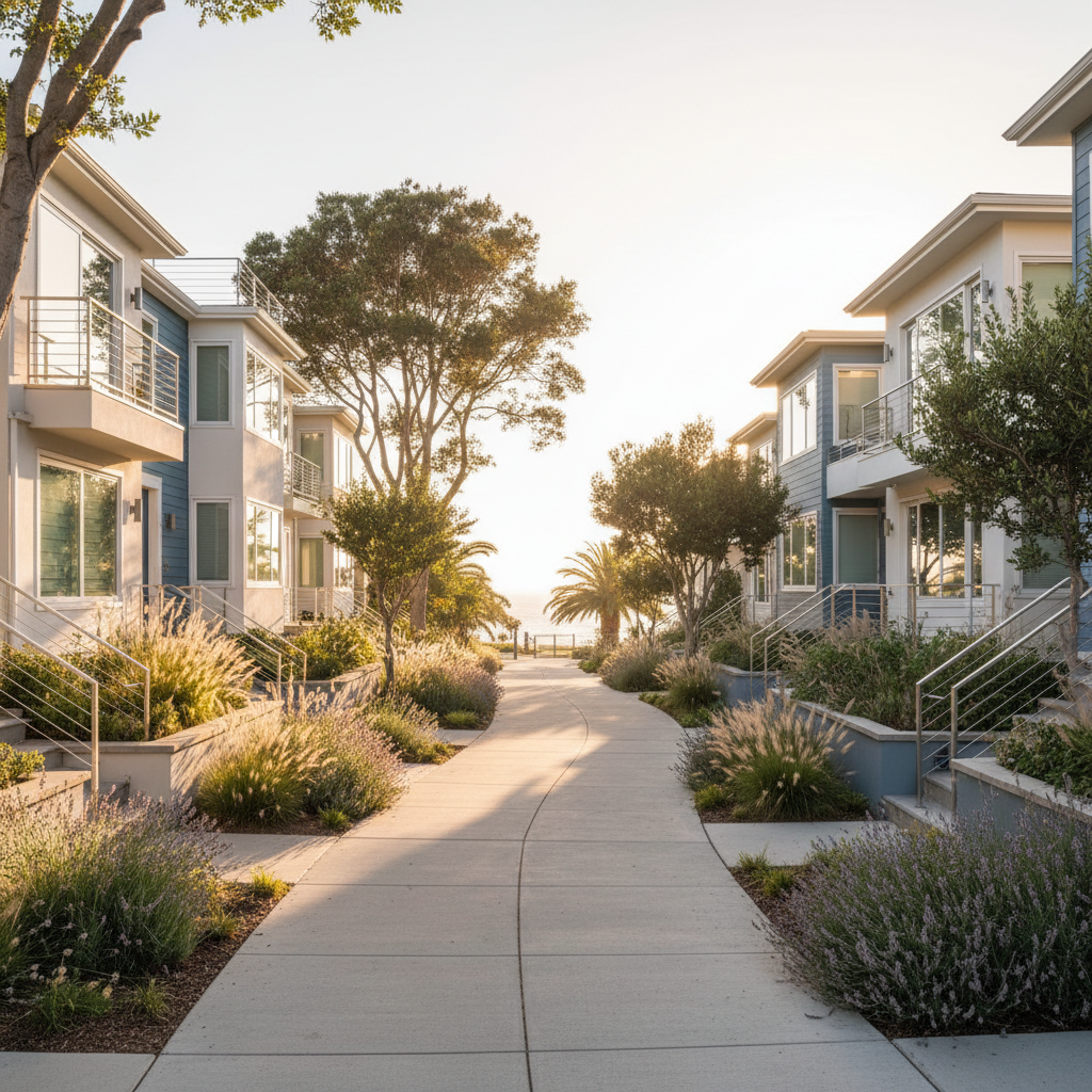 A quiet seaside neighborhood street at golden hour, captured without any cars or people, just the built environment. Elegant mid-century and coastal townhouses in soft white, sand, and slate tones line a gently curving sidewalk of smooth concrete. Mature trees cast long, refined shadows across meticulously kept front gardens with ornamental grasses and lavender. Warm, low sunlight gives the scene a sophisticated glow, reflecting off large glass windows and brushed metal railings. Photographic realism, shot from a slightly elevated angle with sharp focus throughout, creates a sense of leisurely walkability and understated luxury, evoking the calm pleasure of being able to walk from home toward the unseen sea at the end of the street.